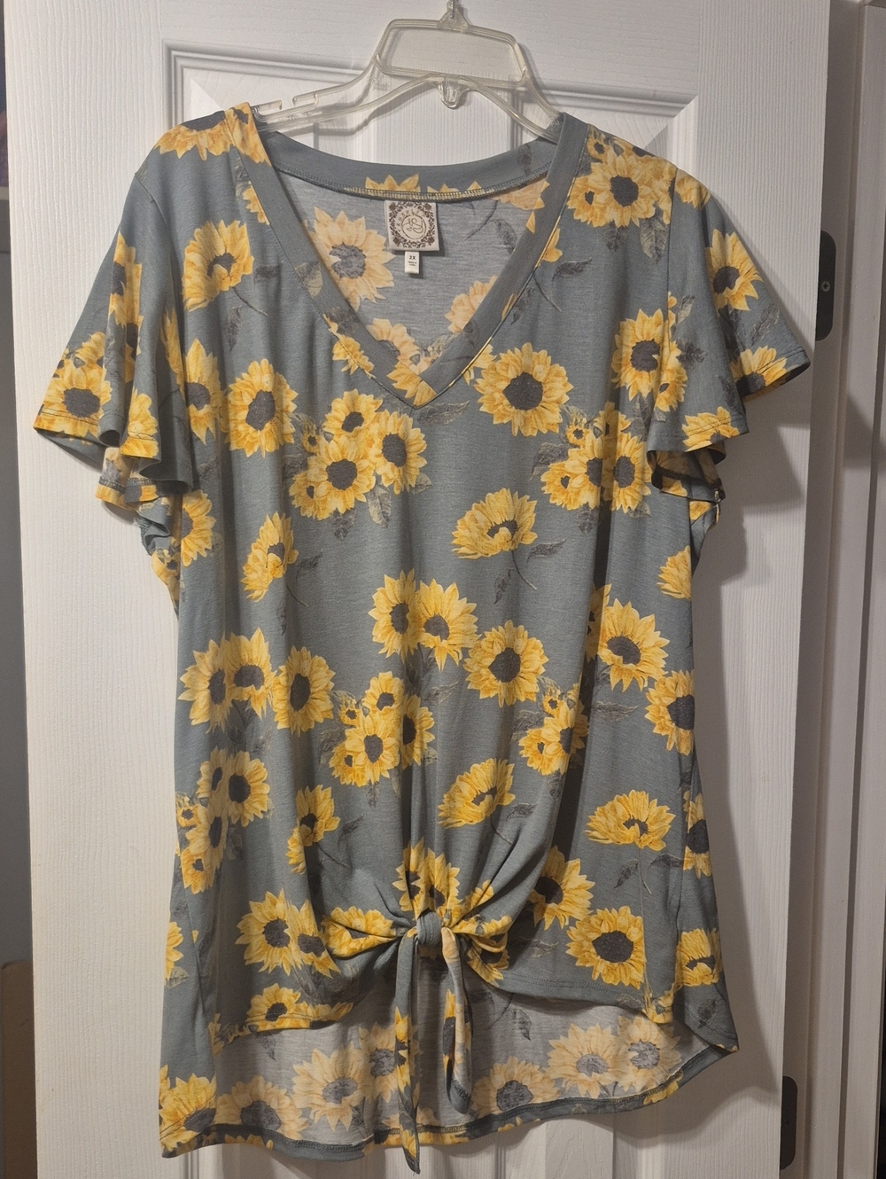 V-Neck Sunflower Tie-Front Blouse - Yellow on Gray